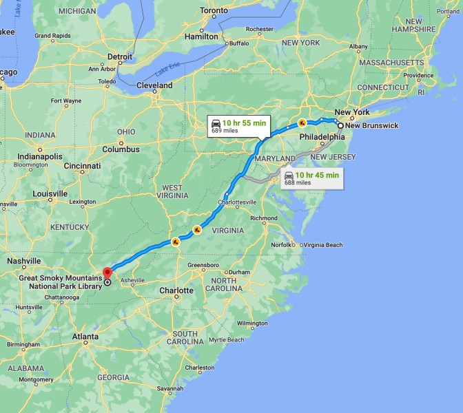 Map of eastern United States, with blue route line running from New Jersey to Great Smoky Mountains National Park in Tennessee.