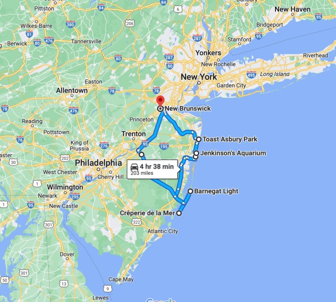 New Jersey, with blue route line running from New Brunswick to Asbury Park, Jenkinson's Aquarium, Barnegat Light, and returning to New Brunswick.