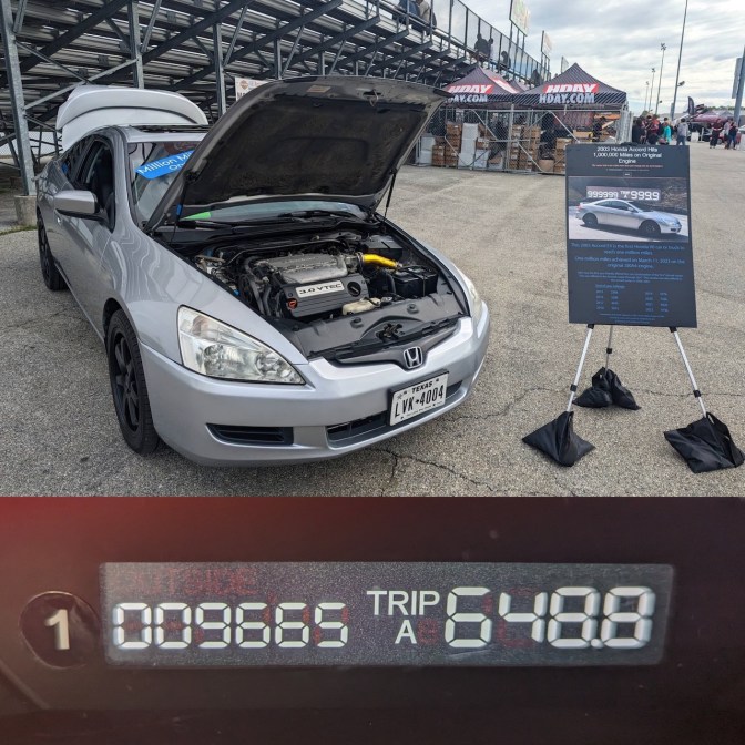 2003 Honda Accord on display, with odometer photo in bottom half of image reading 1,009,665 TRIP A 648.8