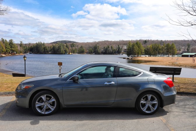 2012 Honda Accord coupe parked in front of Old Forge Pond.