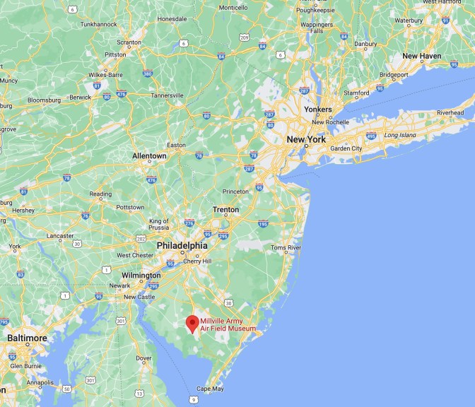 Map of New Jersey, with red pin in location of Millville Army Air Field Museum.