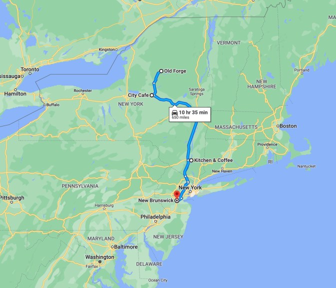 Map of northeastern United States, with blue route line running from New Brunswick, New Jersey to Old Forge, New York.