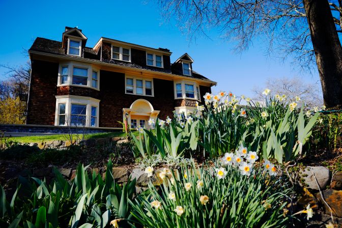 Wisner House with daffodils in bloom in front of it.