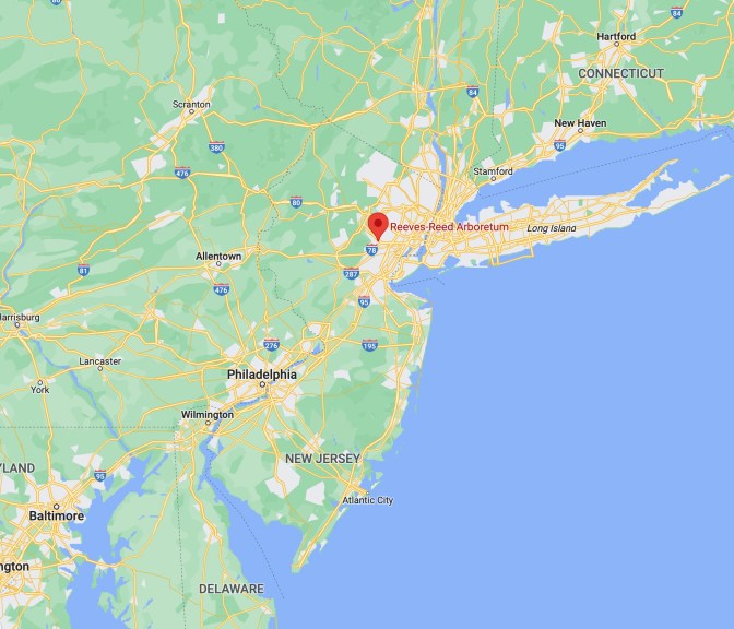 Map of New Jersey with red pin in location of Reeves-Reed Arboretum.