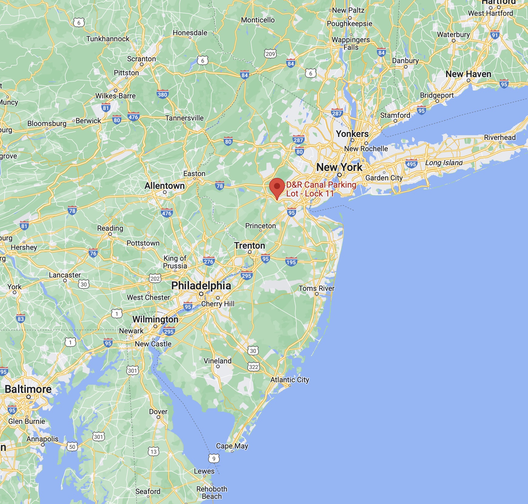 Map of New Jersey with red pin in location of D&R Canal Parking Lot - Lock 11