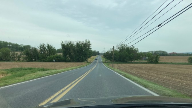 Old Route 22 in Pennsylvania, with farmland on either side of road.