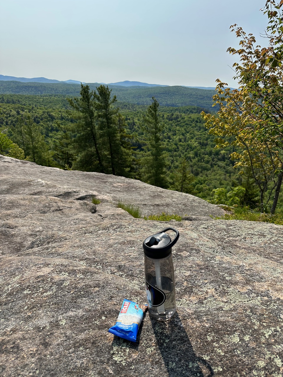Bottle of water and energy snack bar.