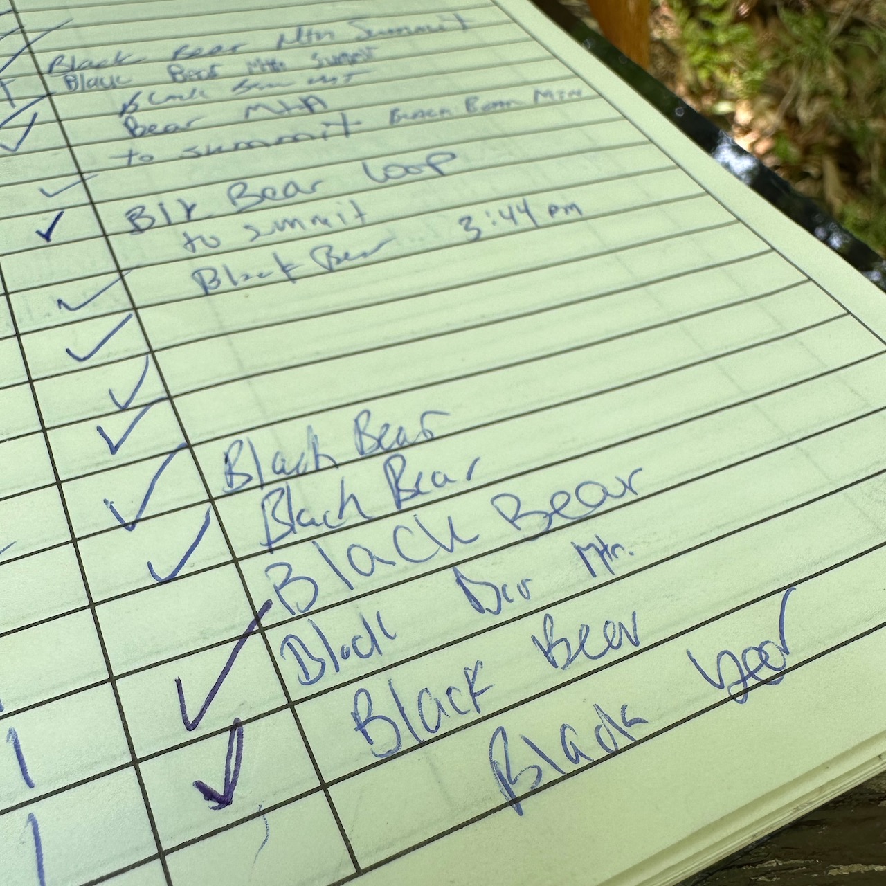 Trail sign-in book with several entries listing Black Bear Mountain, and a check on the side.