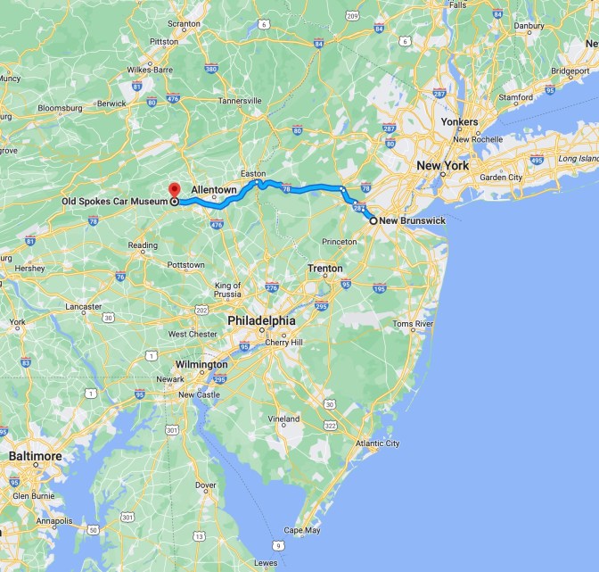 Map of New Jersey and Eastern Pennsylvania, with blue route running from New Brunswick NJ to Kutztown PA.