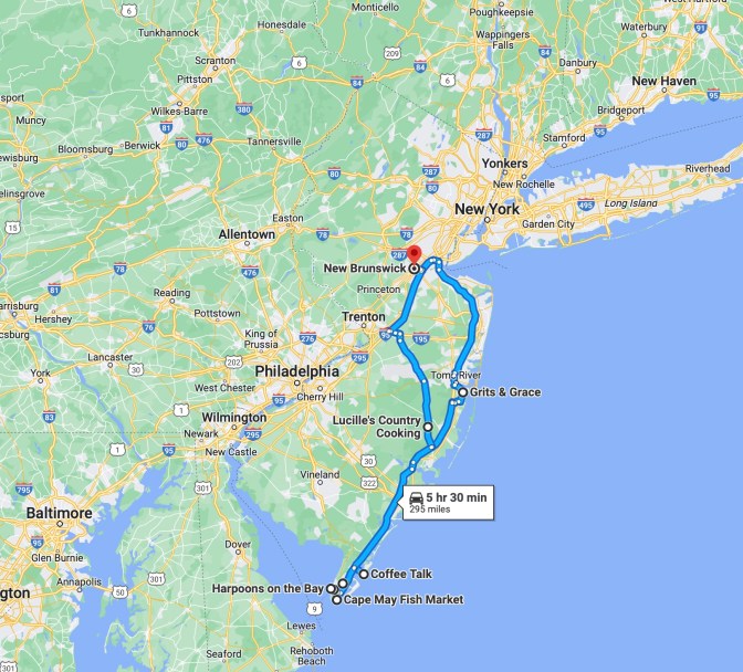 Map of New Jersey, with blue route line running from New Brunswick to several restaurants along the Jersey shore.