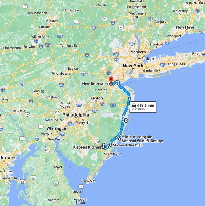 Map of New Jersey, with blue route line running from New Brunswick to several locations along the southern New Jersey shore.