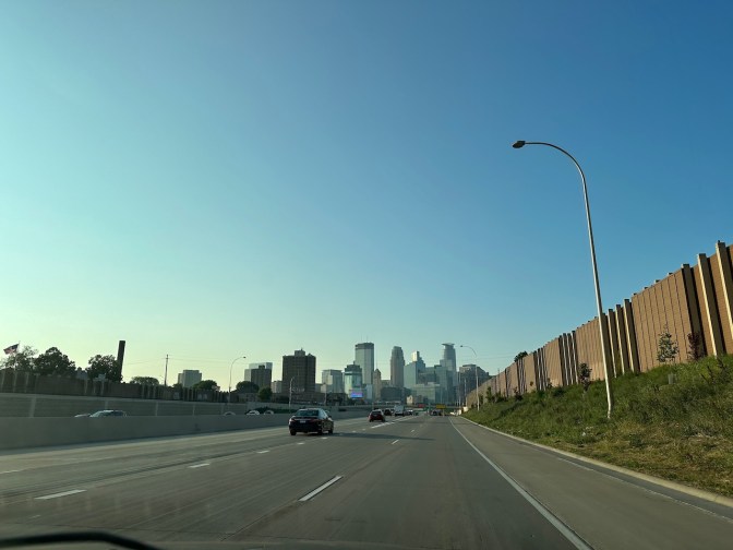View of Minneapolis skyline from I-94.