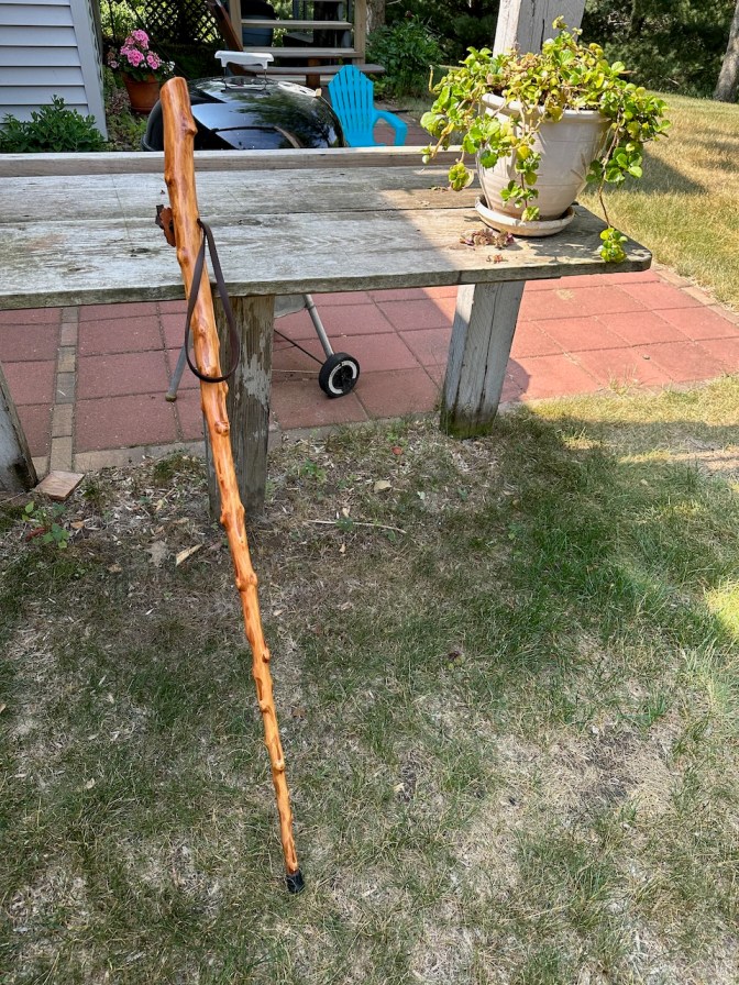 Walking staff leaning against table.