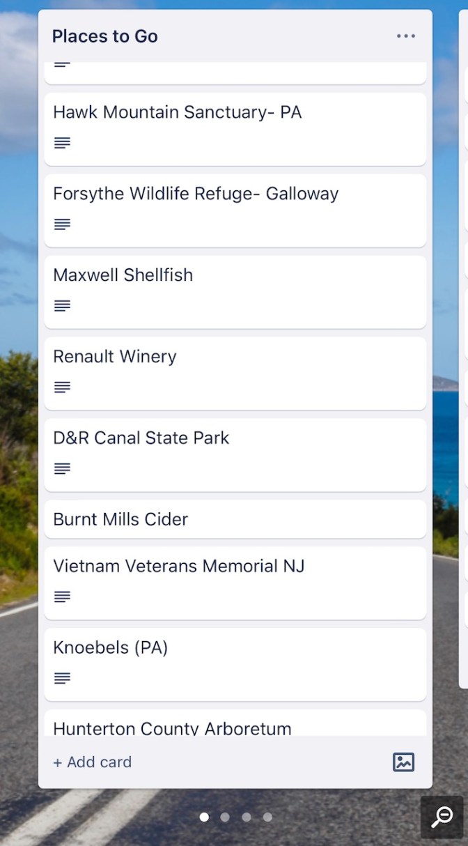 View of "places to go" list on Trello app.