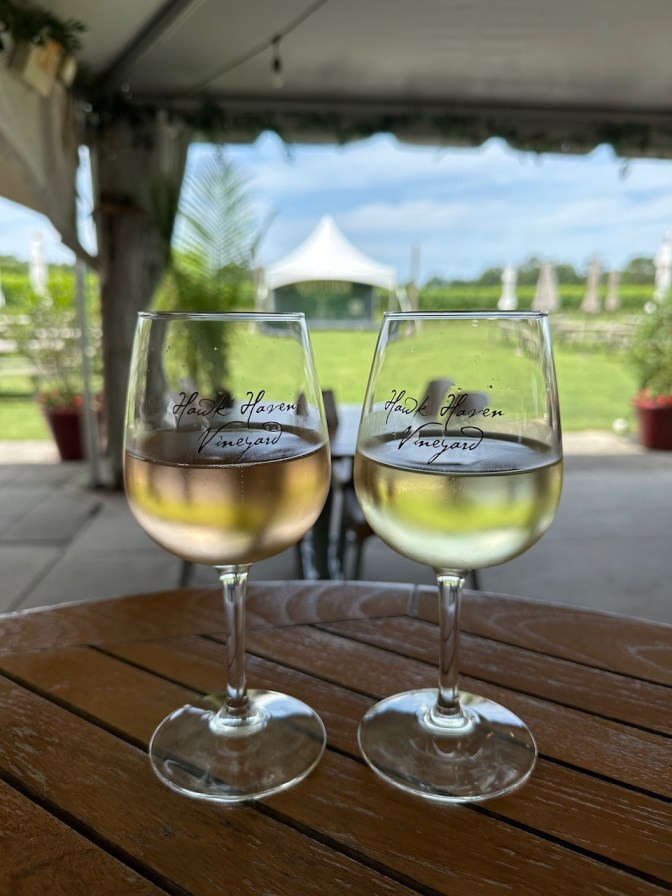Two glasses of wine on table, with view of vineyard in background.