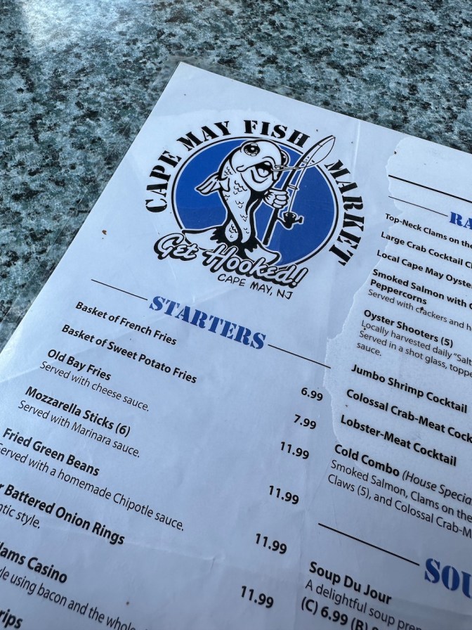 Cape May Fish Market menu on table.