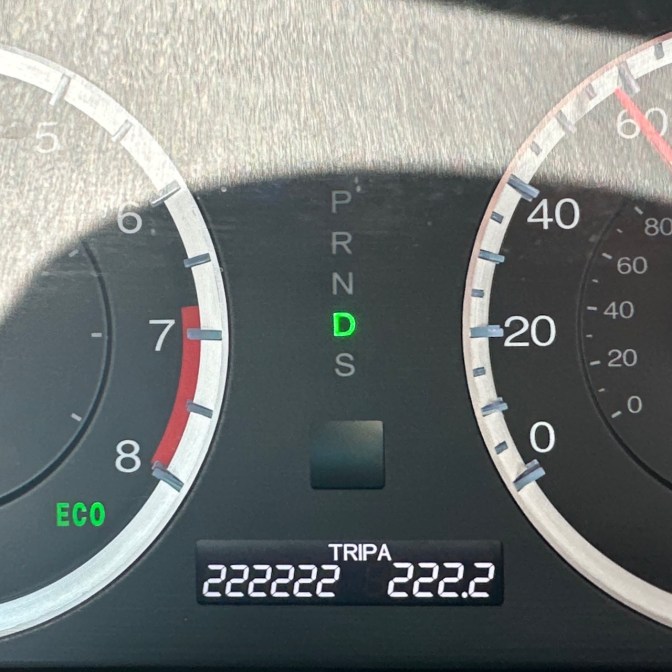 Car odometer reading 222,222 TRIP A 222.2