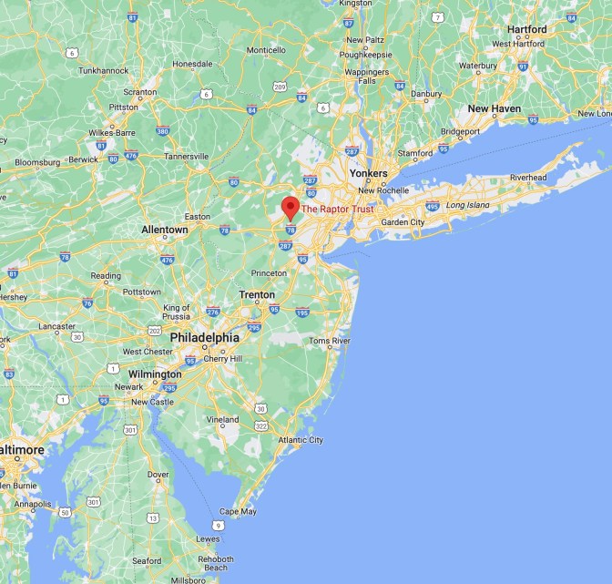 Map of New Jersey with red pin in location of Raptor Trust