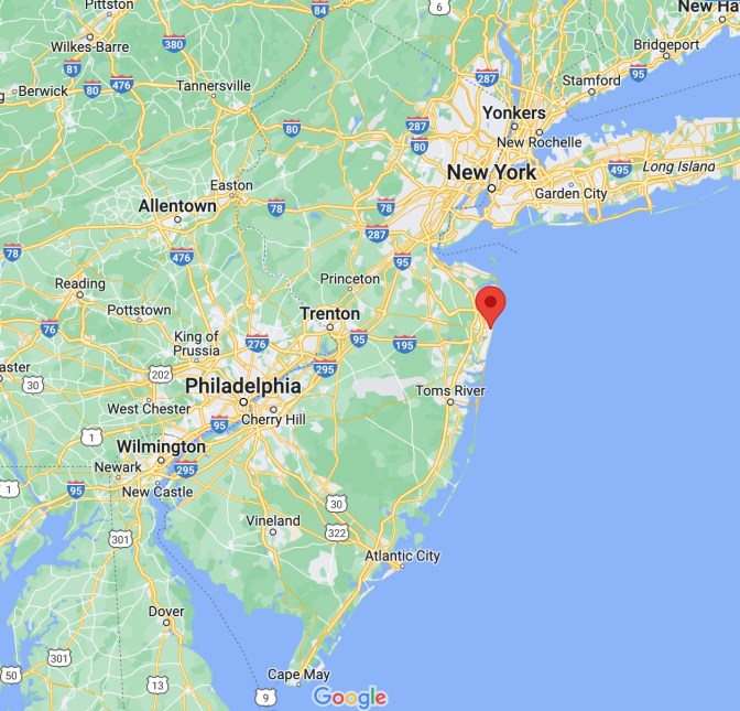 Map of New Jersey with red pin in location of Asbury Park.