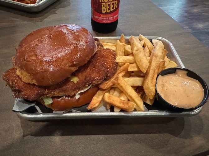 Chicken sandwich and French fries on plate.
