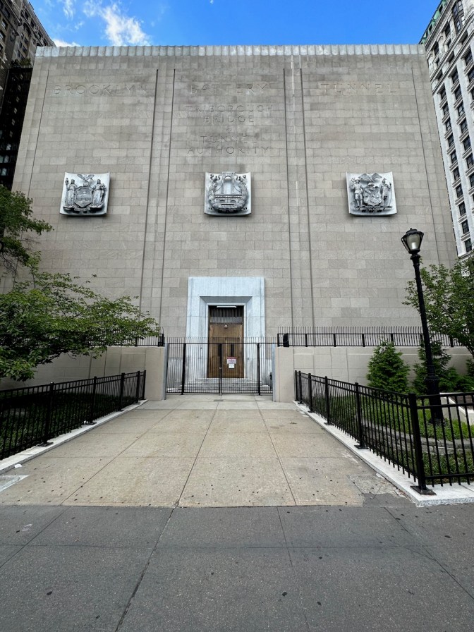 Exterior of Hugh L. Carey Tunnel Ventilation Building.