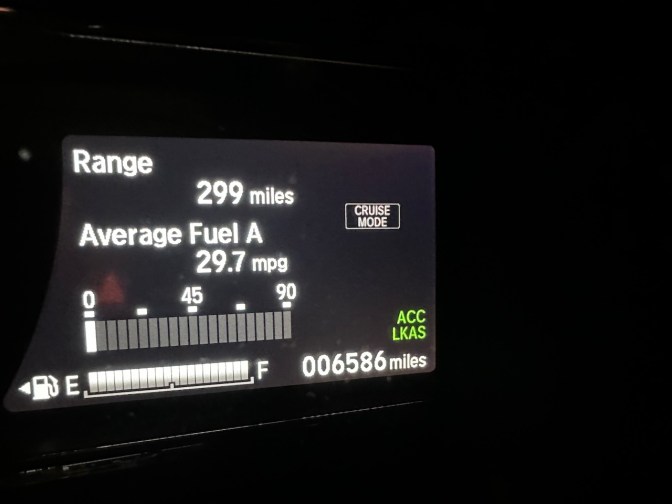 Car odometer reading 6586 miles.