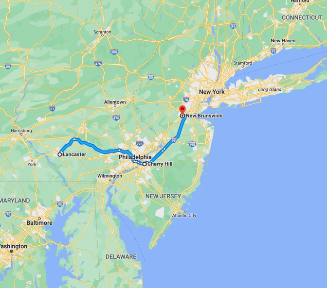 Map of New Jersey and Pennsylvania with route map running between New Brunswick, NJ and Lancaster, PA.