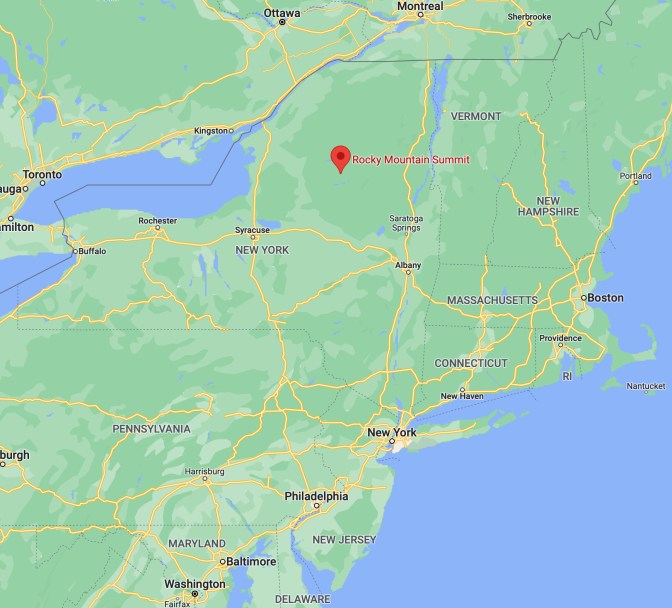 Map of New York State, with red pin in location of Rocky Mountain Summit.