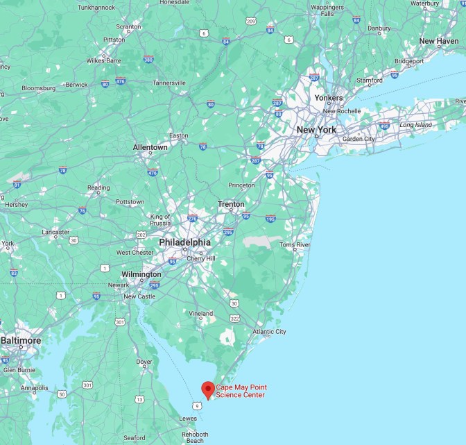 Map of New Jersey, with red pin in location of Cape May Point Science Center.