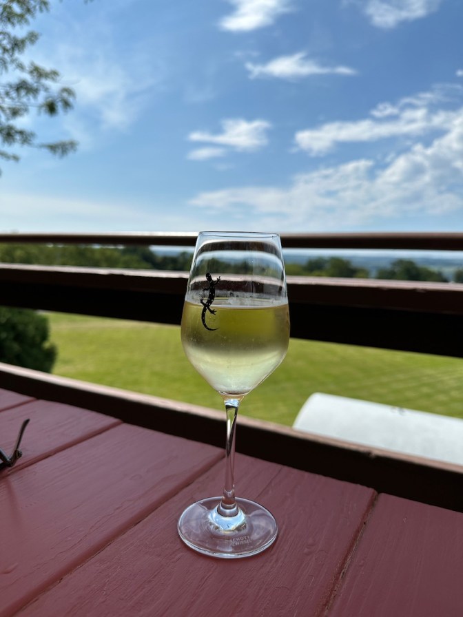 Glass of wine on patio table, with vineyard in background.