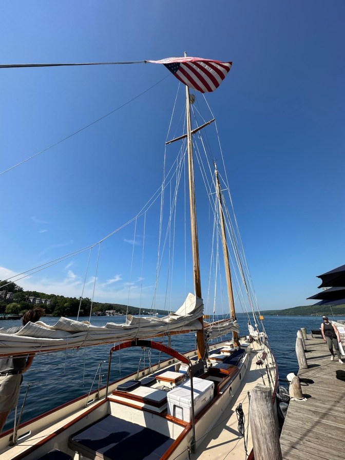 Schooner True Love docked alongside pier.