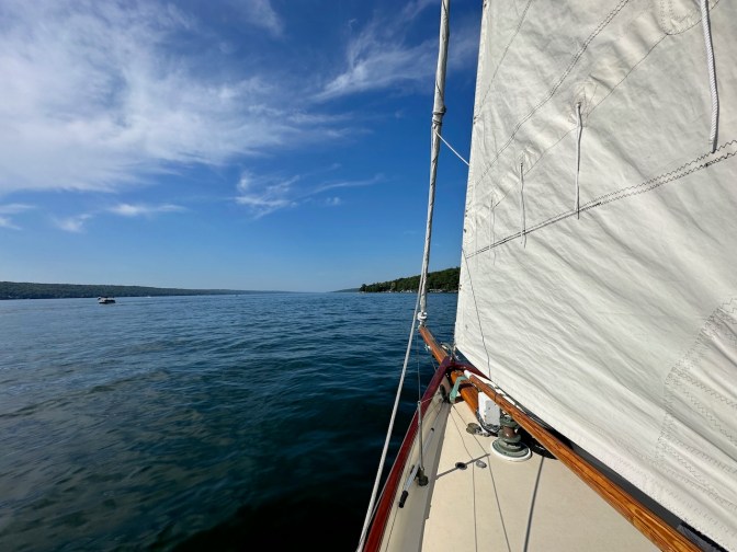 View of bow of ship, with Seneca Lake open in the distance.