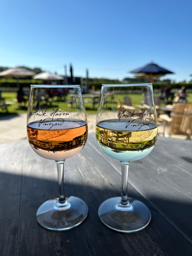 Two glasses of wine on wooden table, with vineyard in background.
