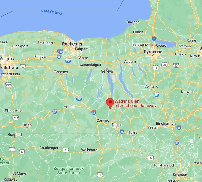 Map of Finger Lakes region of NY, with a red pin in location of Watkins Glen International Raceway.