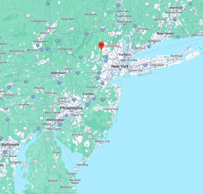 Map of New Jersey, with red pin in location of Clinton Road.