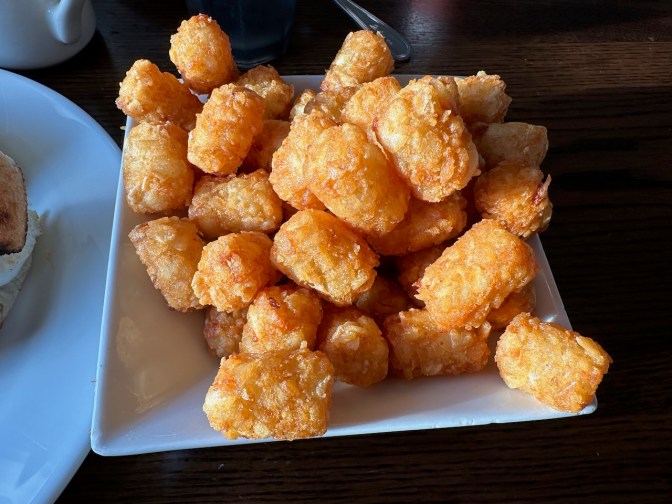 Tater tots in white bowl.
