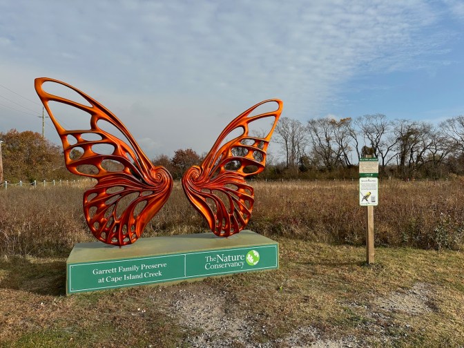 Sculpture of butterfly wings on plinth with signage that reads GARRETT FAMILY PRESERVE THE NATURE CONSERVANCY.