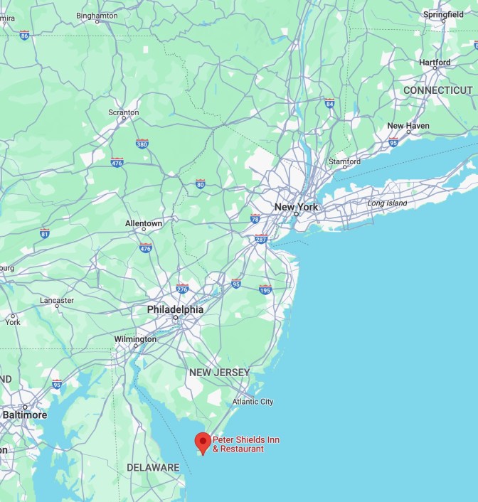 Map of New Jersey with red pin in location of Peter Shields Inn.