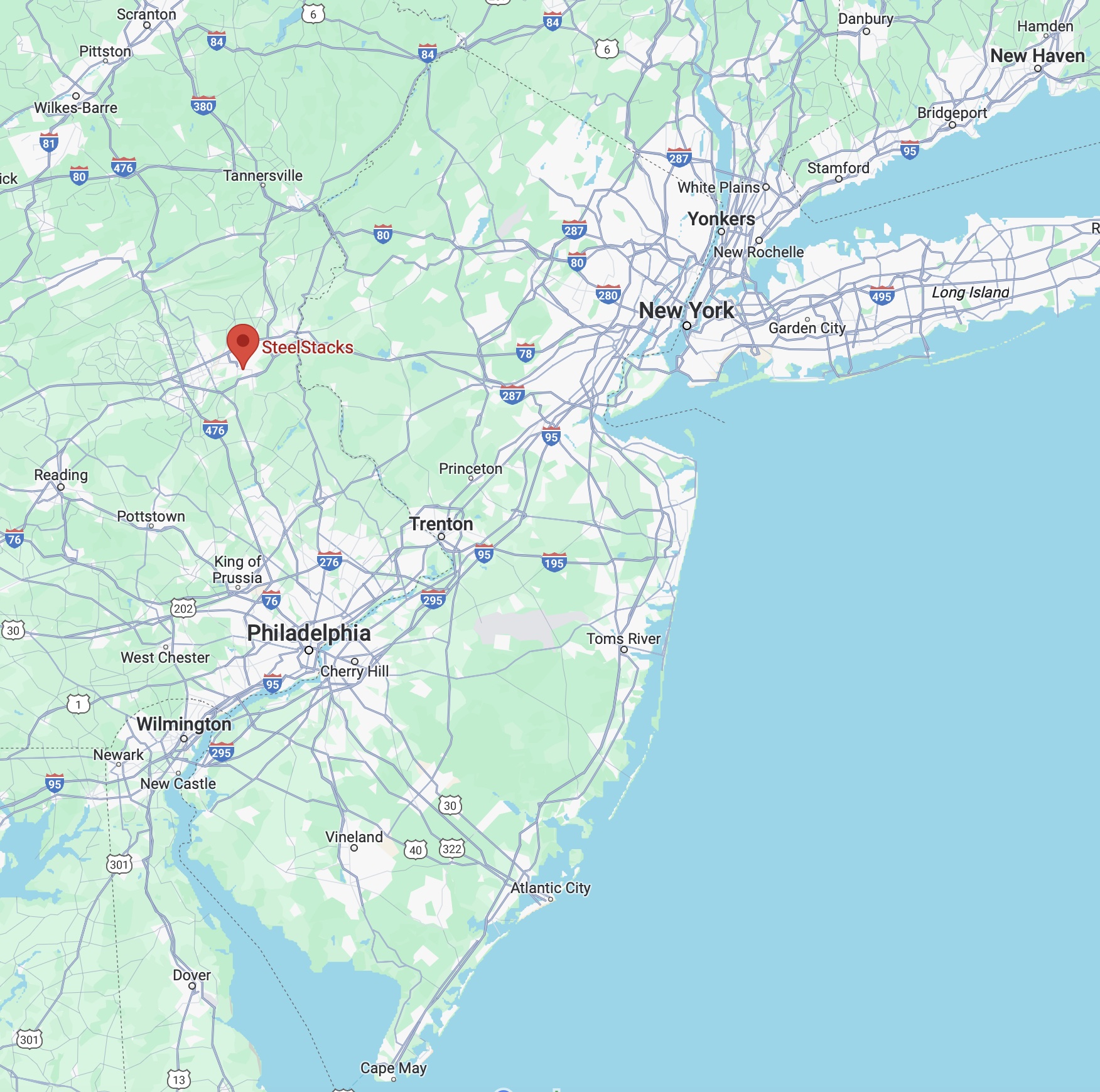Map of New Jersey and eastern Pennsylvania, with red pin in location of SteelStacks in Bethlehem, PA.