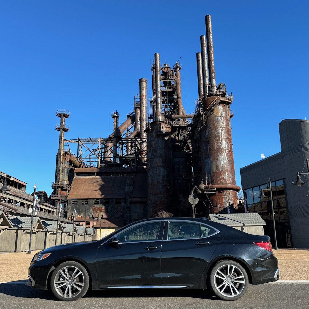 2020 Acura TLX parked in front of Bethlehem Steel plant.