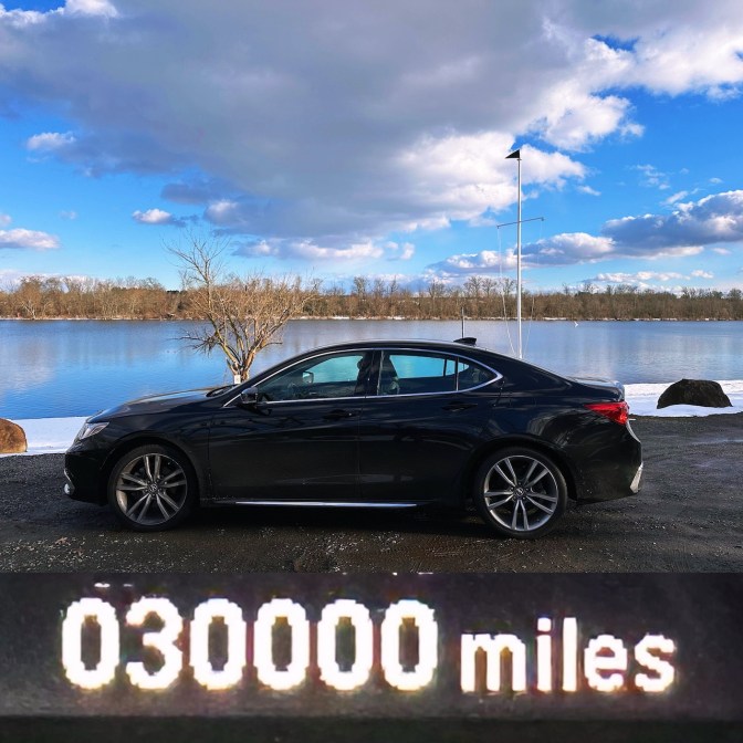 Split image - 2020 Acura TLX parked beside river in top half. Car odometer with 30000 miles in bottom half.