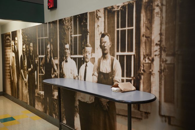 Wall mural of early founders of Martin Guitar.