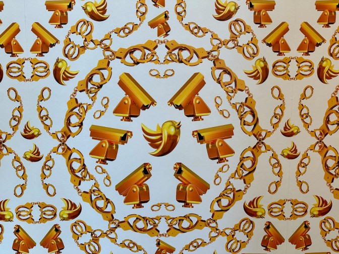 Image of bird surrounded by cameras and handcuffs.