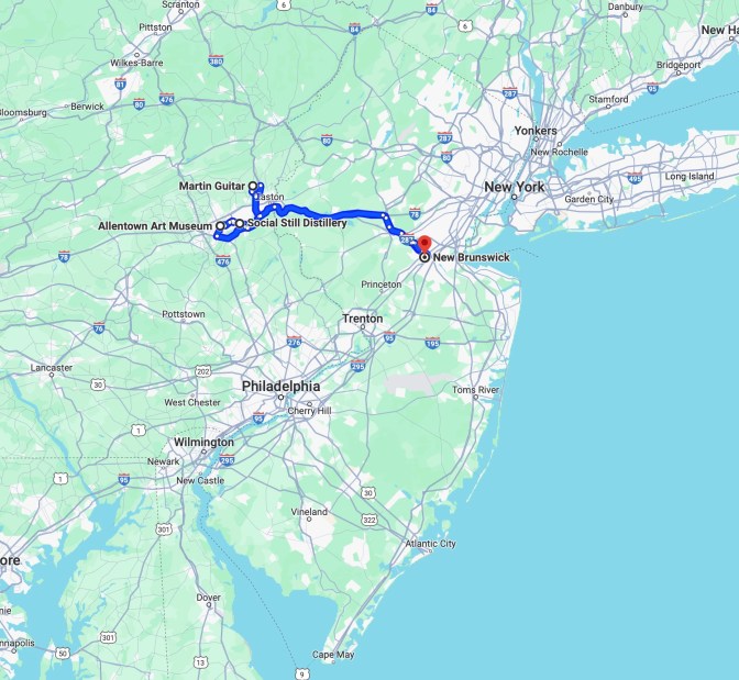 Map of New Jersey and Pennsylvania, with blue route running from New Brunswick to Martin Guitar, Social Still Distillery, and Allentown Art Museum.