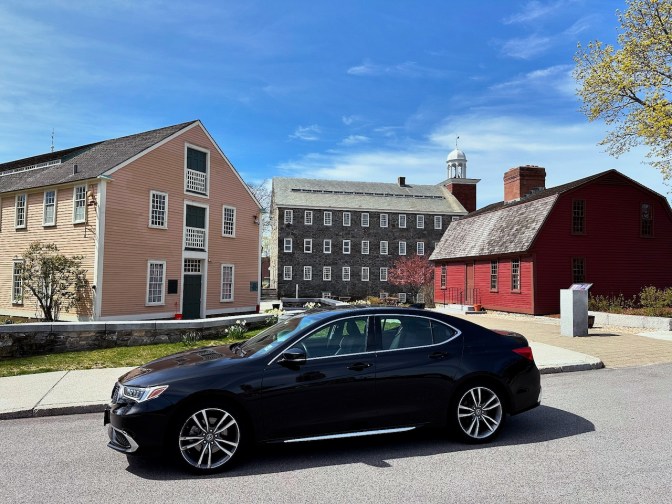 2020 Acura TLX parked in front of Slater Mill Historic Site.