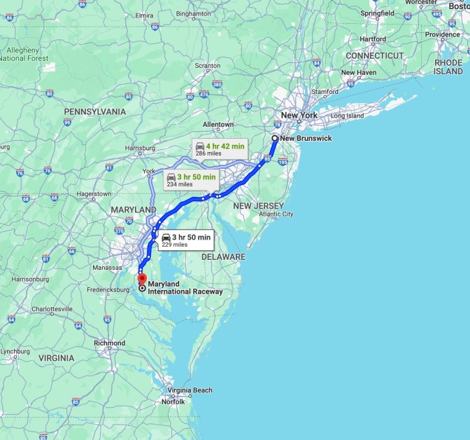 Map of central Atlantic coast of United States, with route line running from New Brunswick, NJ to Maryland International Raceway.