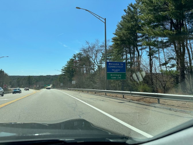Welcome to Connecticut sign above Killingly Town Line sign.