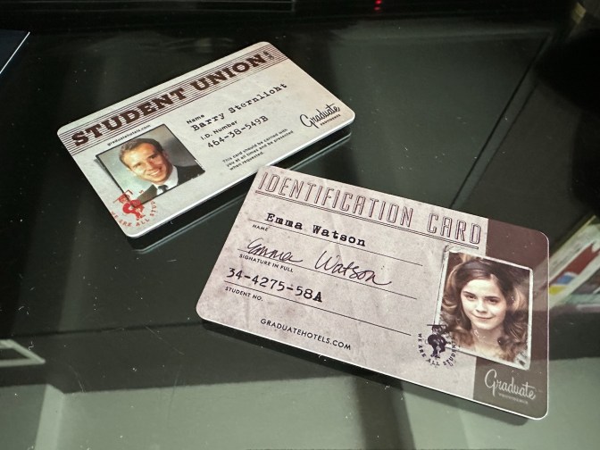Room keys that are identification cards featuring Barry Sternlicht and Emma Watson.