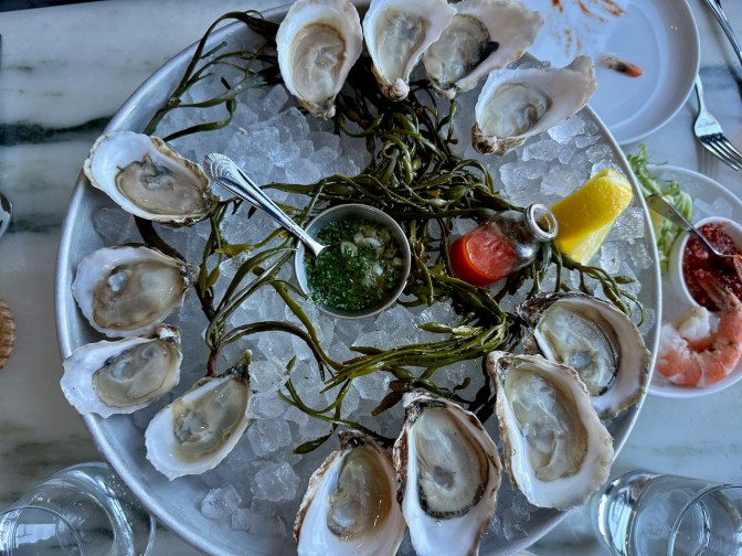 Platter of twelve oysters.