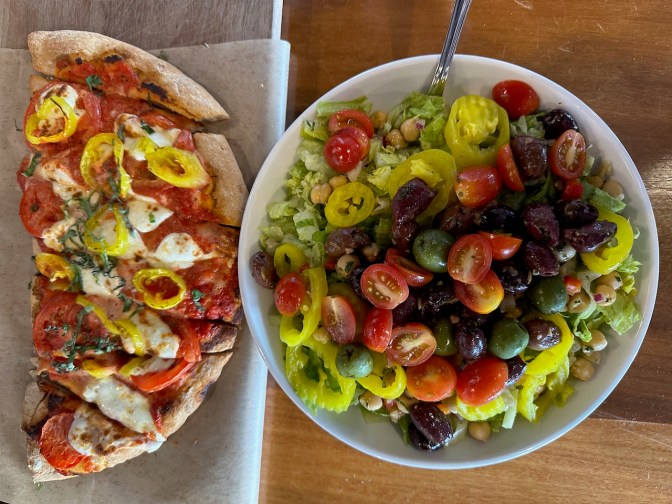 Chopped salad and flatbread pizza.